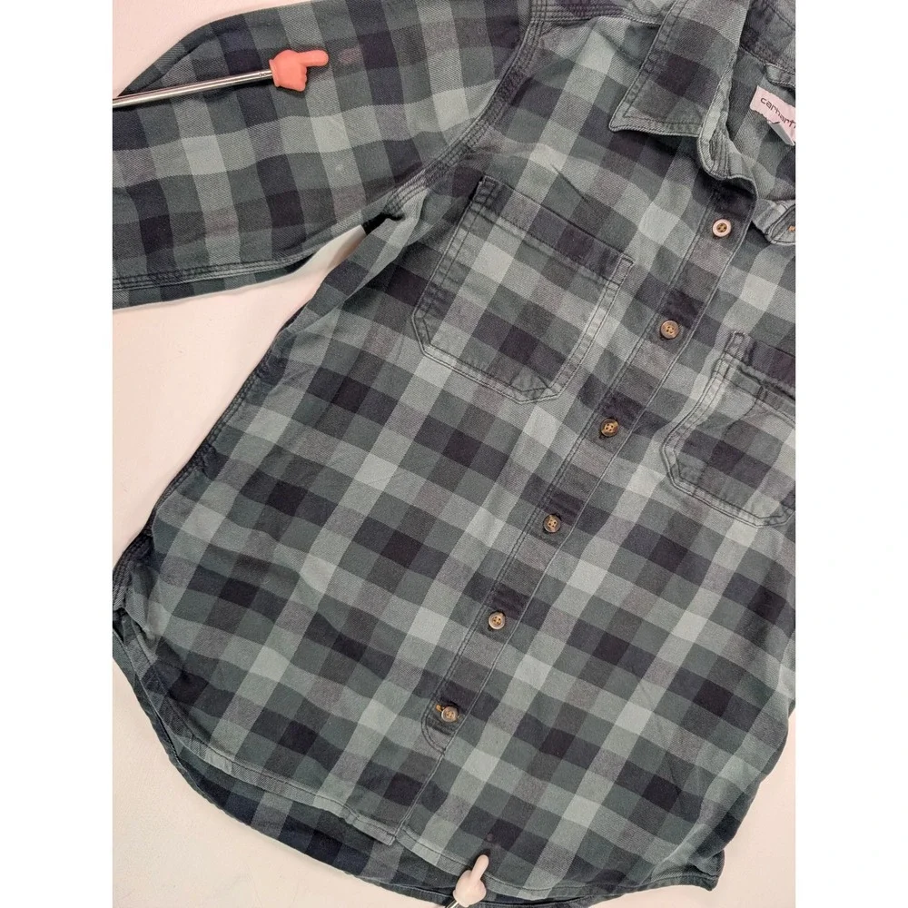 Carhartt Kids Green Black Plaid Flannel Button Down Shirt Sz M 8/10 Long Sleeve